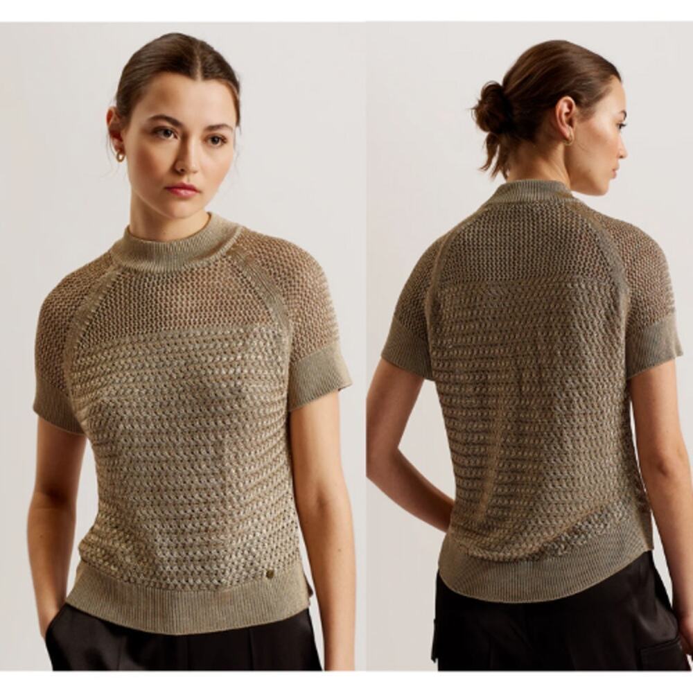 Ted Baker Metallic Chunky Open Knitted Short Sleeve Top Natural Gold 2 (US S)